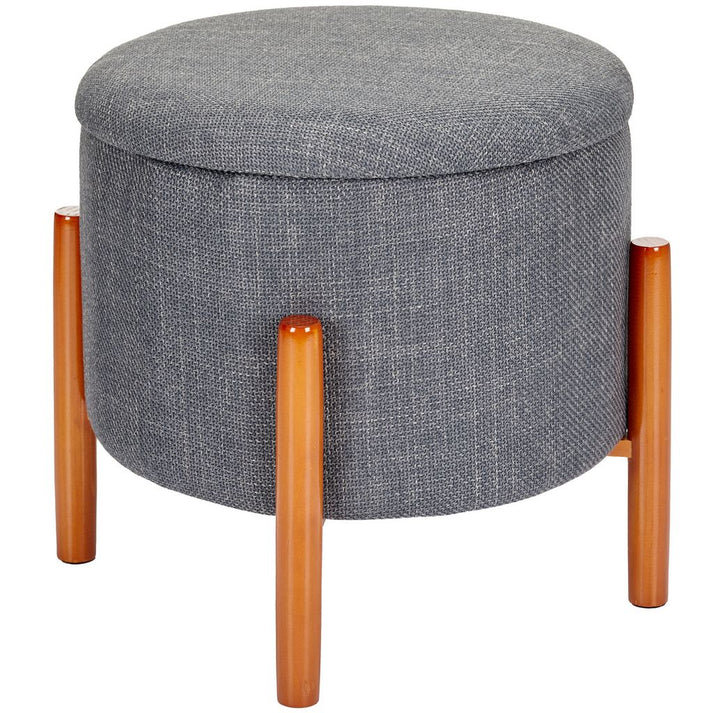 Repose-pieds rond avec rangement en lin avec plateau en bois réversible et pieds en pin, gris, 21 po, Gris