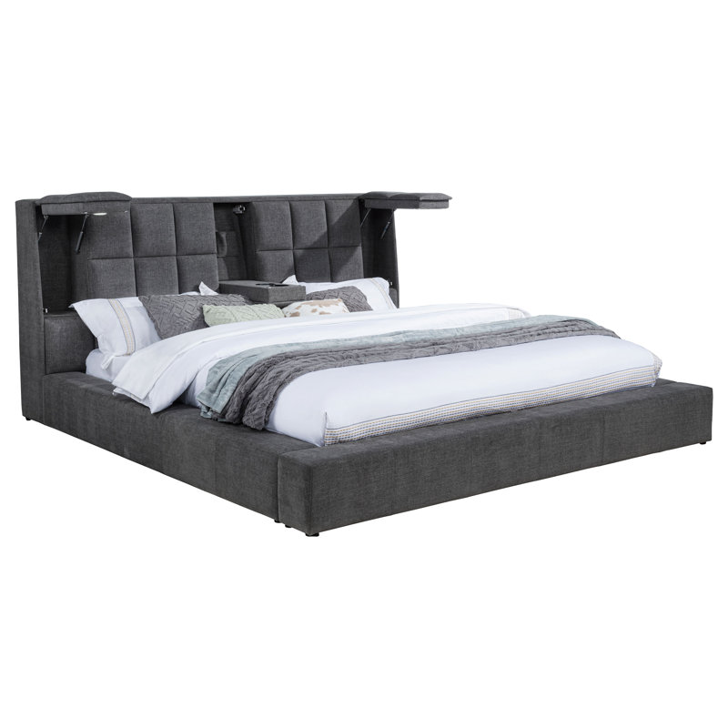 Lit plateforme tapissier très grand Dreux gris, Gris, Très grand