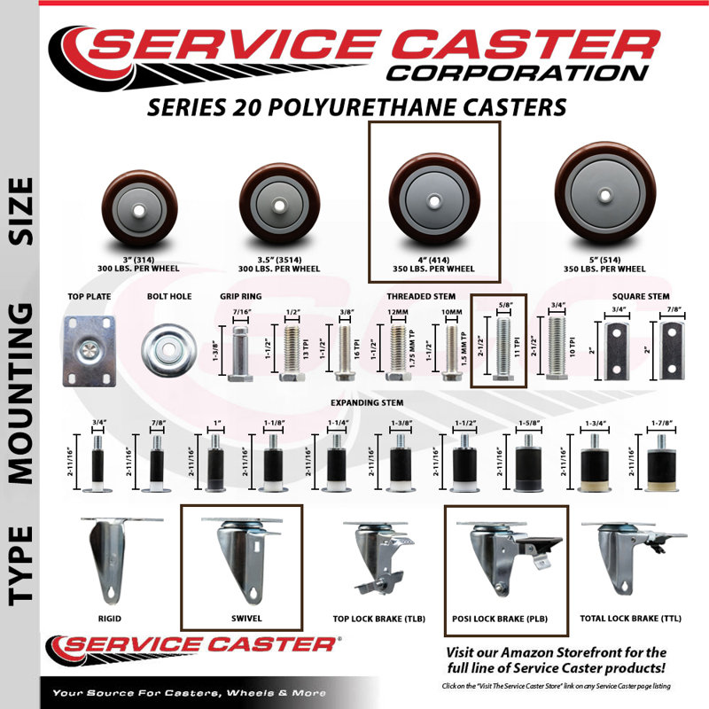Polyurethane 3/8 Inch Threaded Stem Caster with Brake