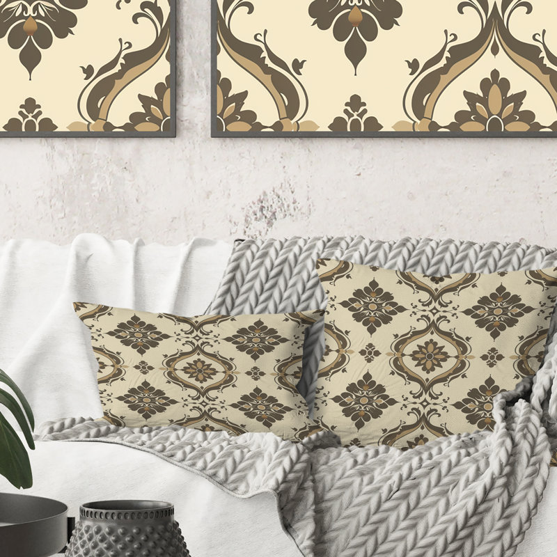 Coussin décoratif brun et beige damassé Glam VII, H 16 po x l 16 po