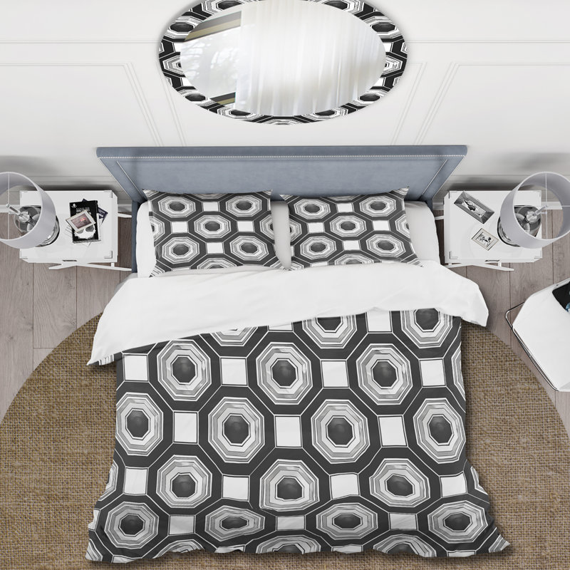 Ensemble de housse de couette noir et blanc Hexagon IV - Mid-Century, Housse de couette pour grand lit + 2 taies décora