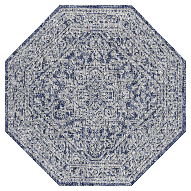 Moten Medallion Textured Weave Navy/Gray Indoor/Outdoor Rug, Octagon 7'9"