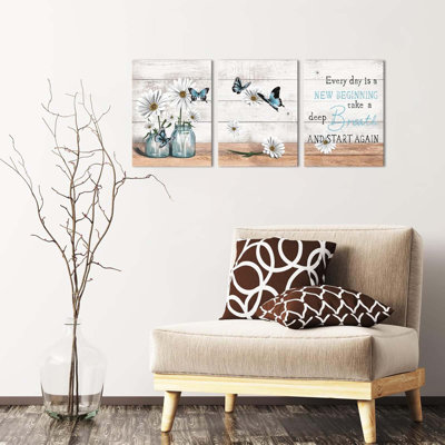 3 Piece Rustic Canvas Wall Art Daisy In Jar With Blue Butterfly Painting Pictures Motivational Inspiring Prints Artwork For Office Living Room Bedroom Bathroom Decor Framed Ready To Hang 12X16 Inch