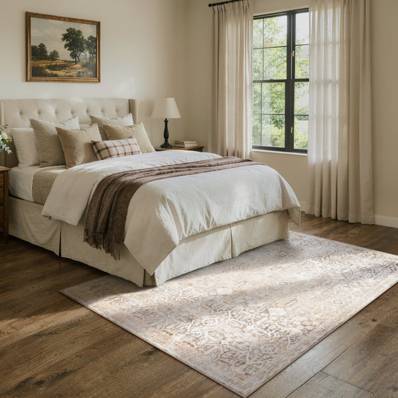 Vintage Tribal Oriental Area Rug with Non-Slip Backing - Distressed Beige Faux Cashmere Washable Rug for Bedroom & Living Room