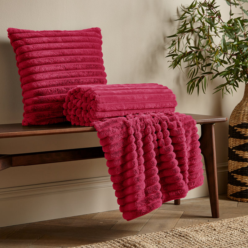 Cosy Ribbed Faux Fur Cushion, Hot Pink, Polyester