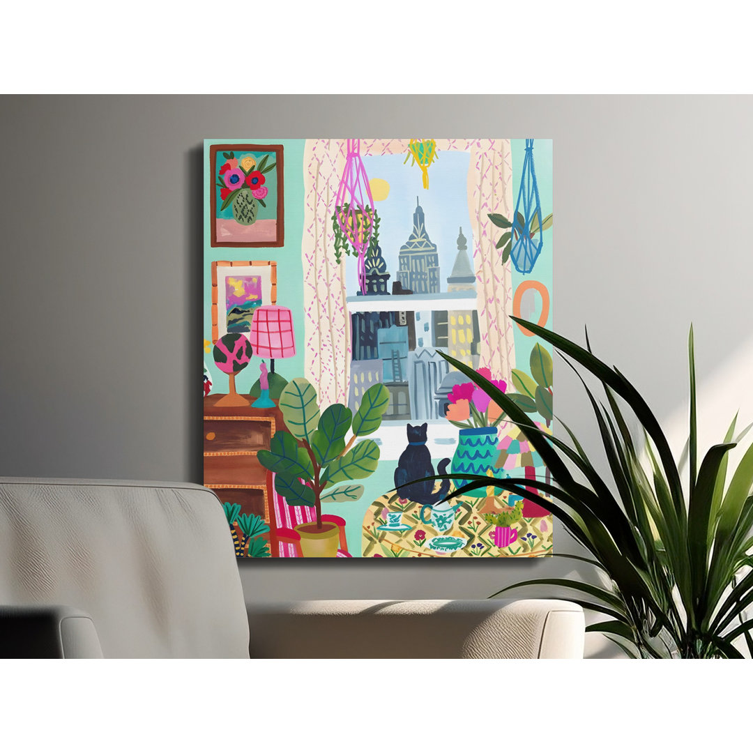 Vibrant Black Cat Urban Jungle Canvas, Cozy Maximalist Apartment Art Print, Eclectic Boho Wall Decor, New York City Skyline View Canvas