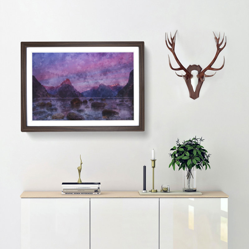 Rocks at the Milford Sound Fiord - Picture Frame Painting Print, Walnut Framed, 45cm H x 63cm W x 2cm D