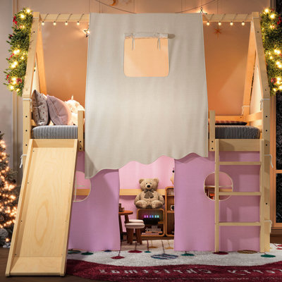 Lit mezzanine pleine grandeur avec lumières et aucun sommier nécessaire pour un sommeil stable, glissade, jeu créatif idéal