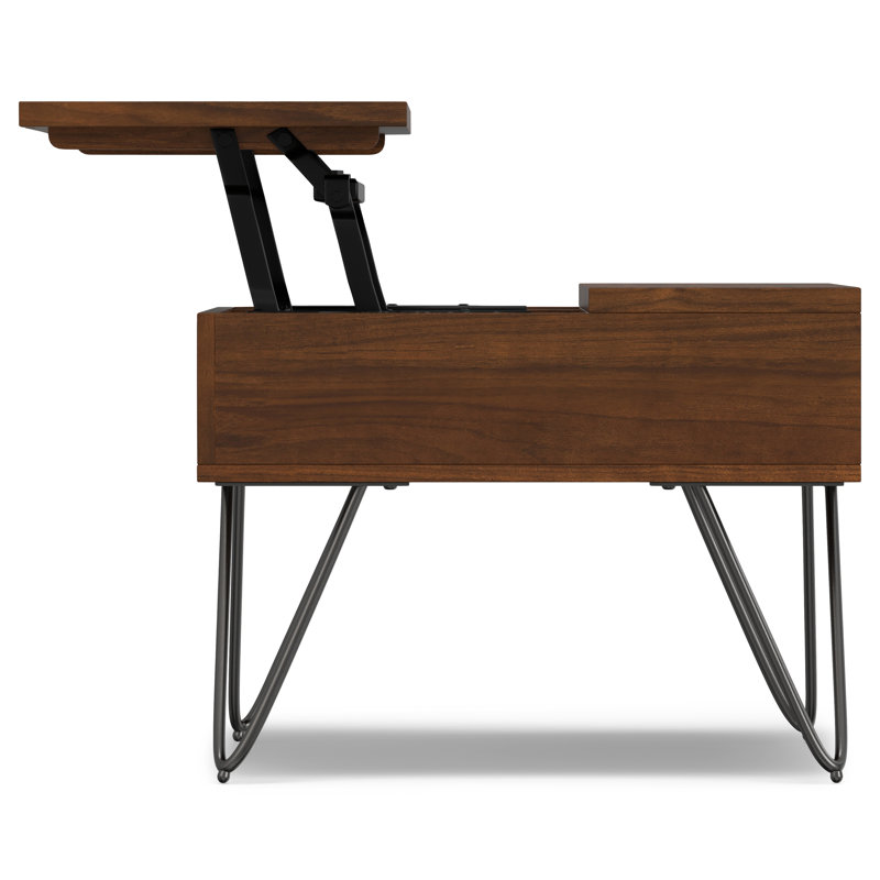 Hunter 48"W Walnut Veneer and Metal Industrial Lift Top Coffee Table with 2 Storage Cubbies and Hairpin Legs