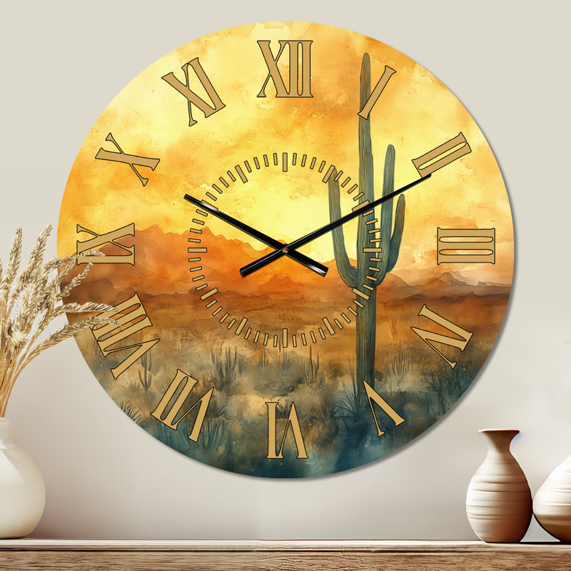 Lumière du coucher de soleil dans le désert doré - Horloge murale en métal ronde silencieuse du Sud-Ouest, Grand