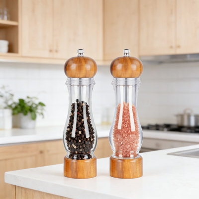 Acacia Wood Pepper Grinder With Adjustable Ceramic Core, Manual Salt And Pepper Mill With Clear Acrylic Window, Durable Kitchen Spice Grinder For Fresh Seasonings
