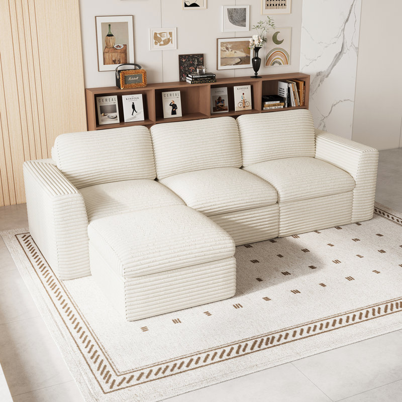 Boneless L-Shaped Wide Corduroy Compression Sponge Sofa 3-Seater Cloud Boneless Sofa, No Assembly Required, White