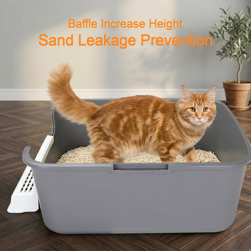 Litière à urine pour chat avec pédale, entièrement étanche pour les petits chats de moins de 8 lb, bord haut et sans odeur, facile à transporter et à nettoyer, gris avec poignée, taille S