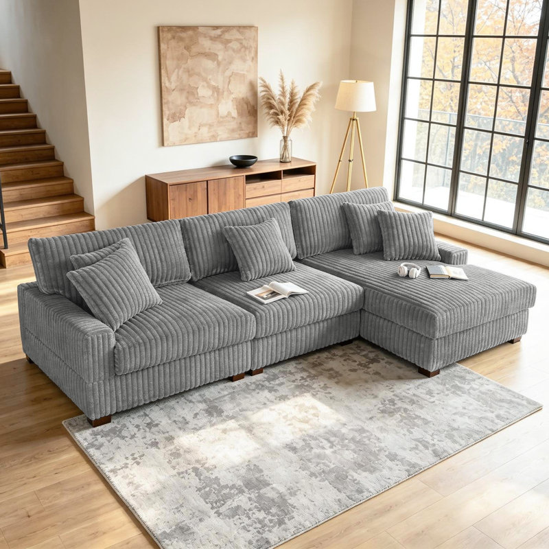 3 - Piece Upholstered Light Gray Faux Rabbit Fur Flannel Modular Sectional Sofa with Armrests & Throw Pillows