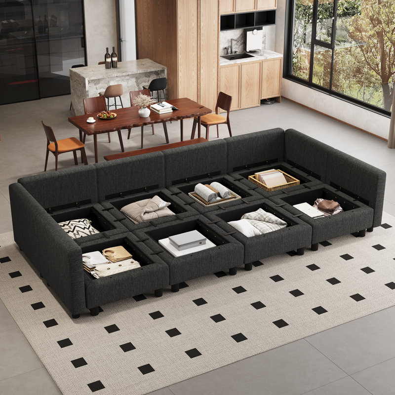 Canapé droit modulaire avec rangement pour grand salon à aire ouverte, Dark Grey Polyester Blend