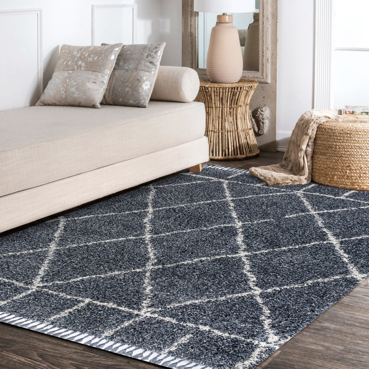 Cantera Shag Plush Tassel Moroccan Geometric Trellis Blue/Cream Rug