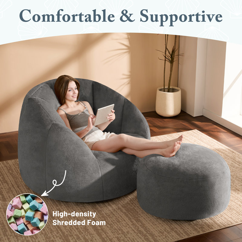 Compression Bean Bag Chair - with Ottoman, High Density Support Structure., Gray