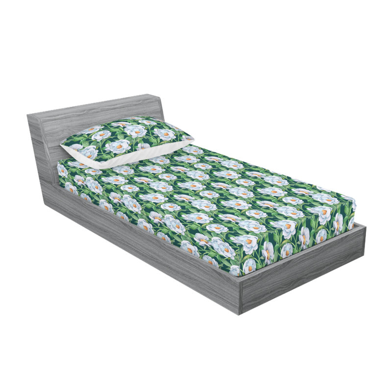 Ambesonne Fitted Sheet & Shams, Hunter Green/Soft Blue Flower, Twin XL Sheet Set with 1 Pillowcase