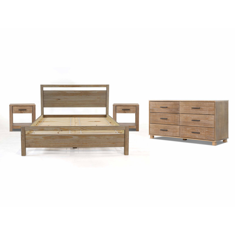 Loft Solid Wood Piece Bedroom Set, Weathered Pine, 4 Pieces: Bed, 2 Nightstands, Dresser, Queen