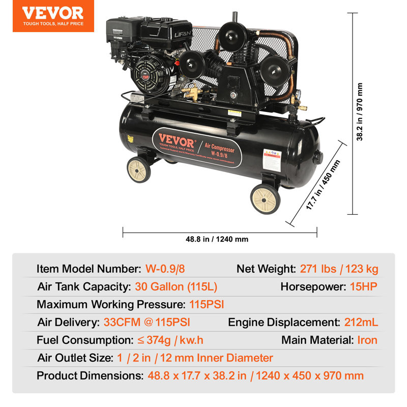 Compresseur d'air alimenté au gaz 7HP, réservoir de compresseur d'air horizontal de 13,2 gallons, système de compression d'air à pompe à piston à gaz 9CFM @ 115PSI avec une pression maximale de 115PSI pour les chantiers de construction