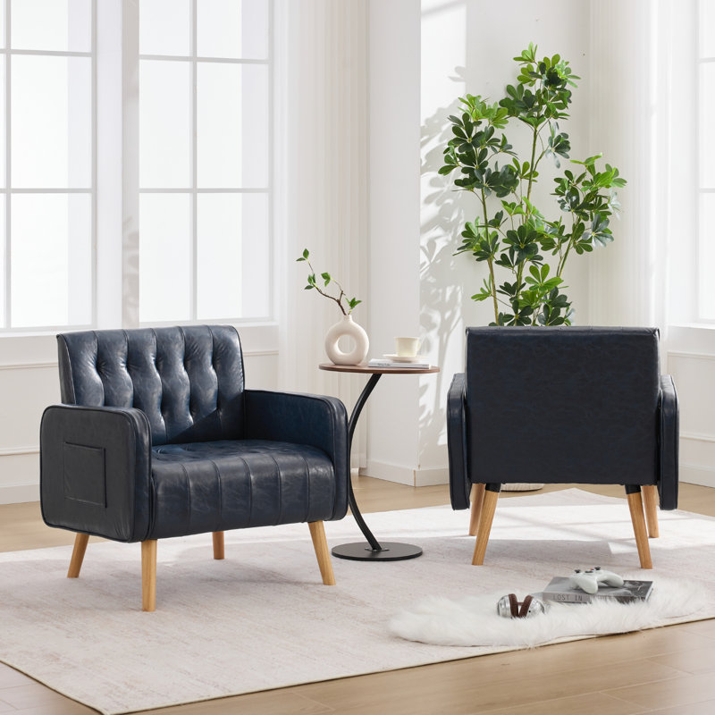 Chaise d'appoint capitonnée en similicuir avec pieds et poches en bois (ensemble de 2), Bleu