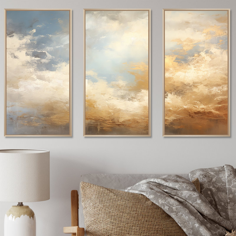 Beige Gold Minimalism Clouds V - Clouds Wall Decor Set, 28" H x 36" W x 1" D, Natural Floater Framed