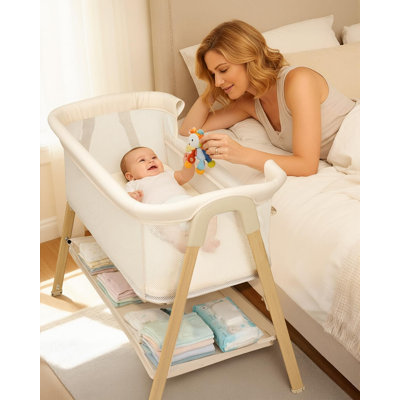 Portable Baby Bassinet, Bedside Sleeper Crib for Newborn With Mattress, Wheels, Breathable Mesh, Storage Basket,Khaki