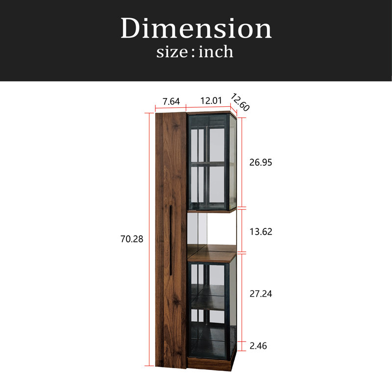 Vitrine de 70 po avec portes et lumières en verre, avec tablette de rangement coulissante multifonctionnelle, armoires de rangement en bois