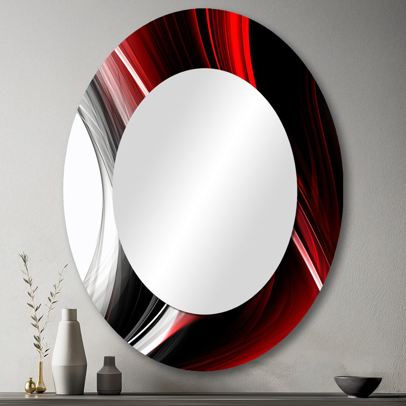 Red Black Infinite Ripples II - Abstract Oval Decorative Mirror On Metal, 43" x 33"