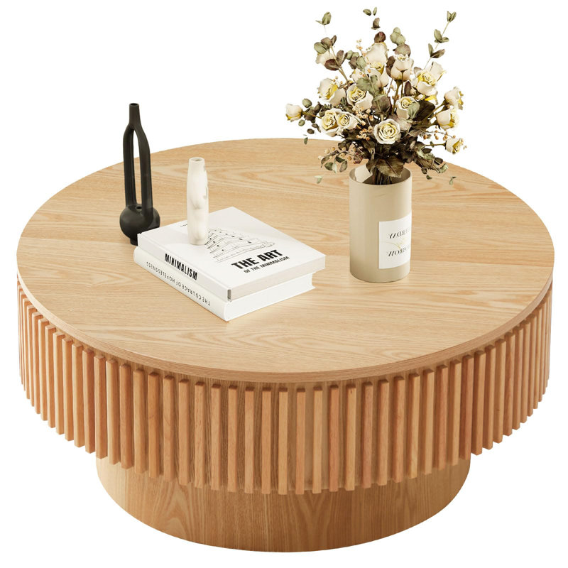 Table basse cylindrique 31,5 po avec rangement naturel pour petits espaces, Naturel, 14" H x 31.5" L x 31.5" W