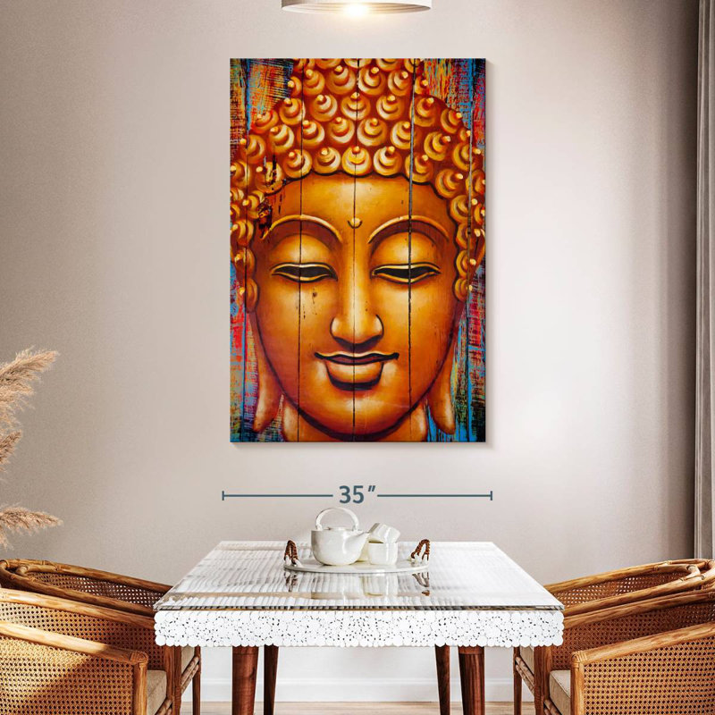Leisha Buddha Face On Planks, 51" H x 34" W