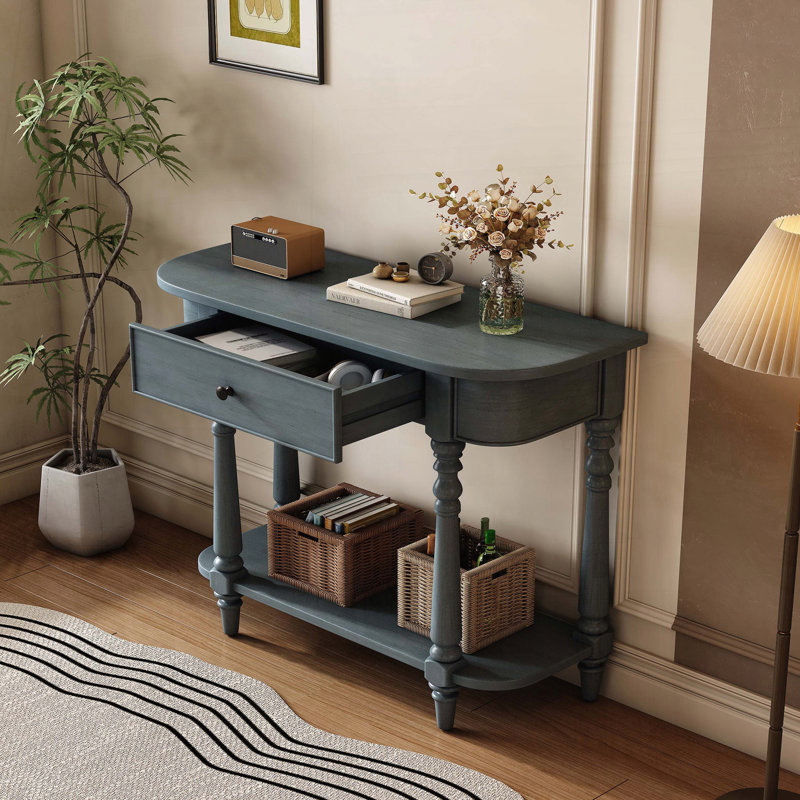 Console étroite en placage de pin avec coin incurvé et tiroir (bleu marine), Marine, Marine, Marine