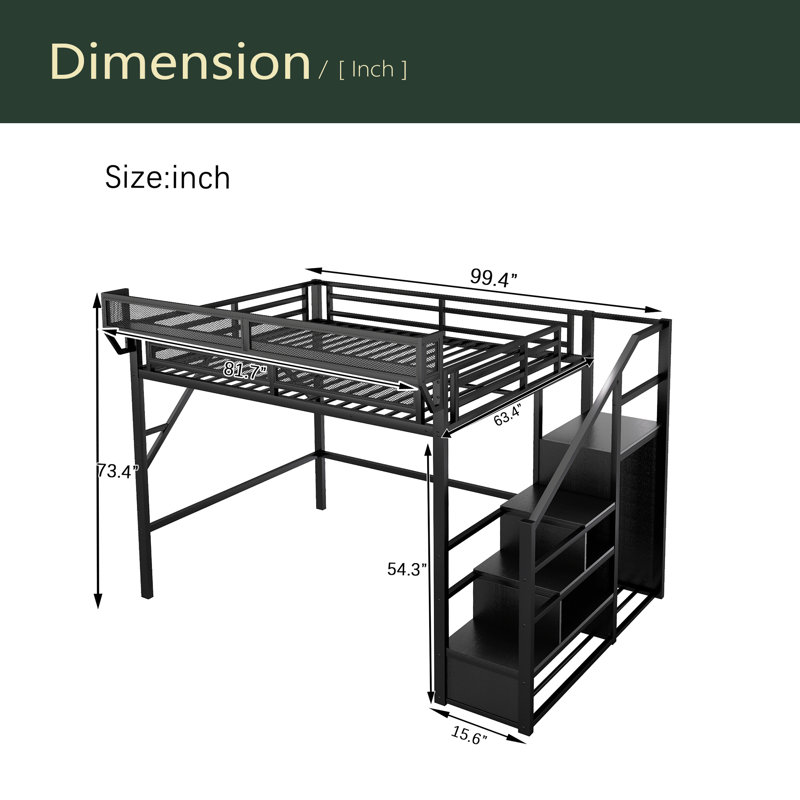 Lit mezzanine en métal avec tablettes de rangement, lit mezzanine haut avec garde-robe pour enfants adolescents, Grand lit