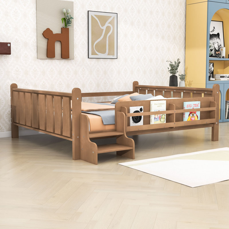 Queen Wood Floor Bed with Storage Bookcases, Stairs and Guardrails, Natural