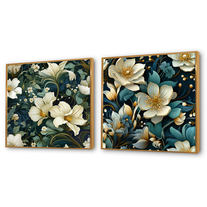 Boularderie - Ensemble de 2 collages floraux carrés, Cadre flottant doré, H 36 po x l 73 po