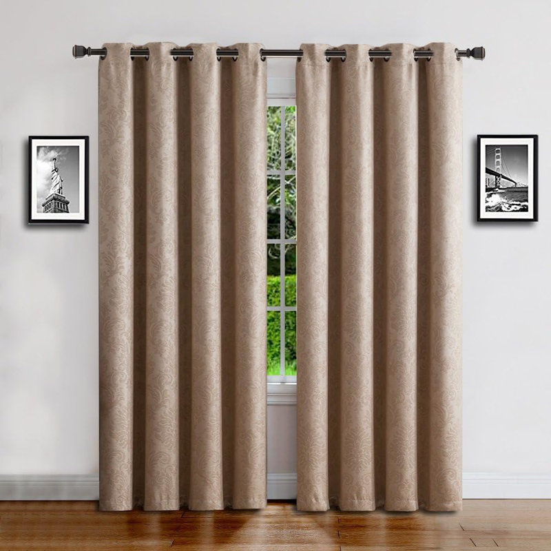 1 Pair (2 Panels) Of  Blackout Curtains With Embossed Textured Damask Flower Pattern in 5 Colors, Beige, 96"H x 54"W