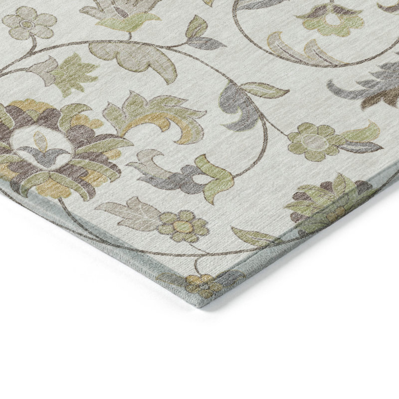Ivory Floral Pattern Machine Washable Synthetic Rug