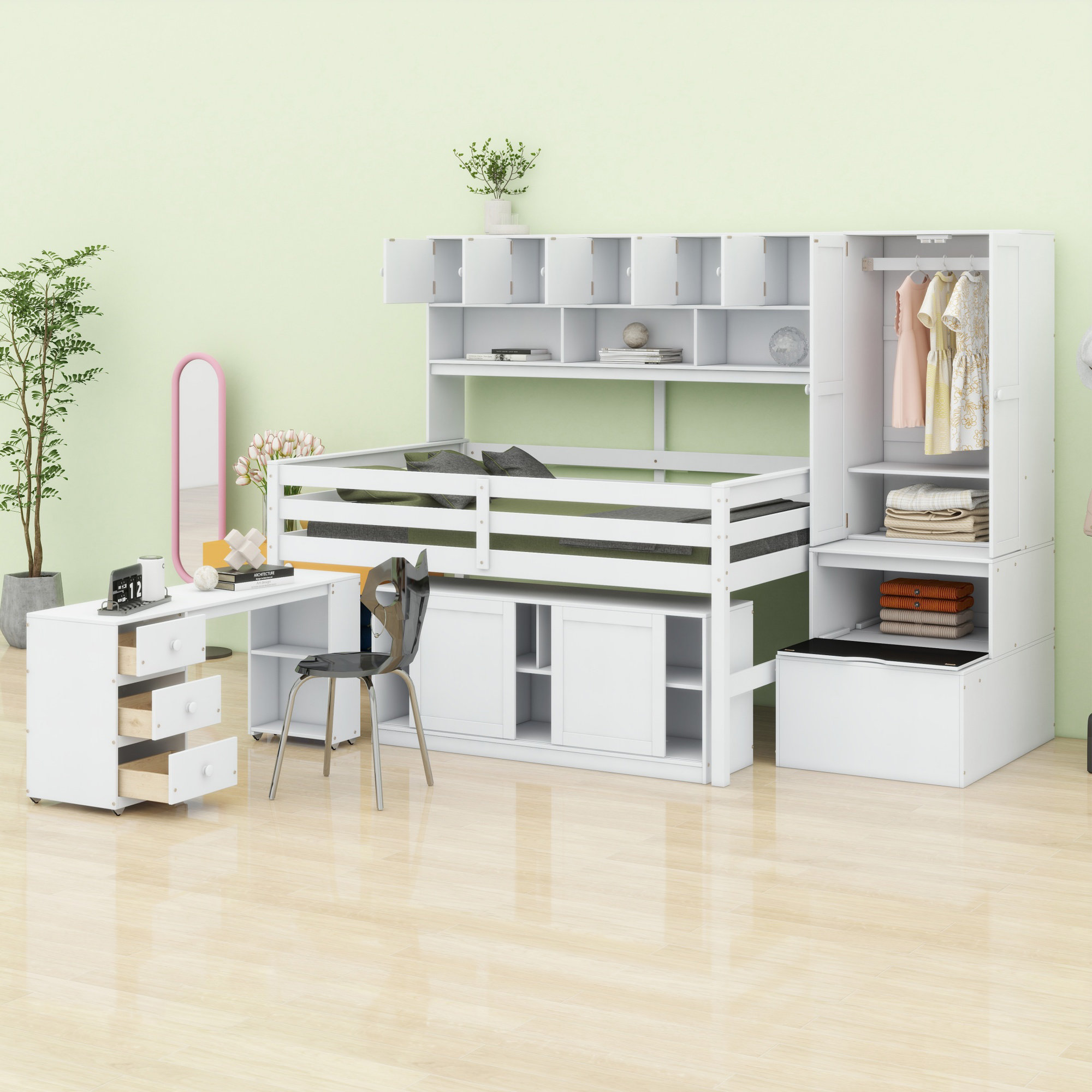 Latitude Run® Wooden Loft Bed Big Storage With Under-Bed Desk, With ...