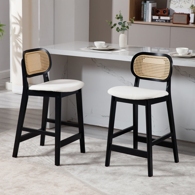 Azarah Solid Wood 25.5'' Counter Stool, Black, Linen-Beige