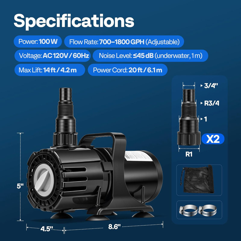 Pompe de bassin submersible 100W 700-1800GPH, 100 watts