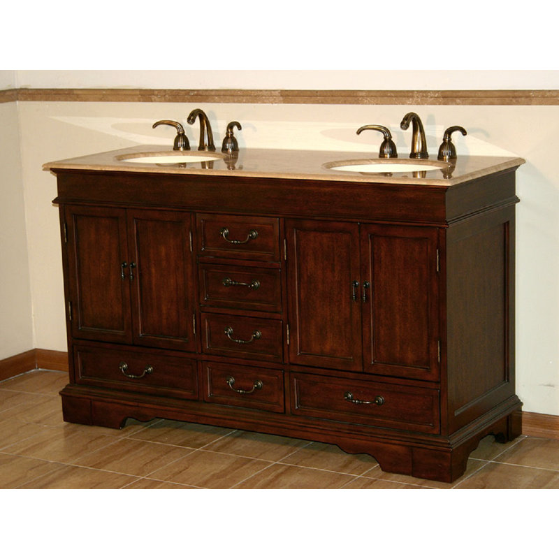 Ensemble de meuble-lavabo double 60 po Alberga, Pierre de travertin