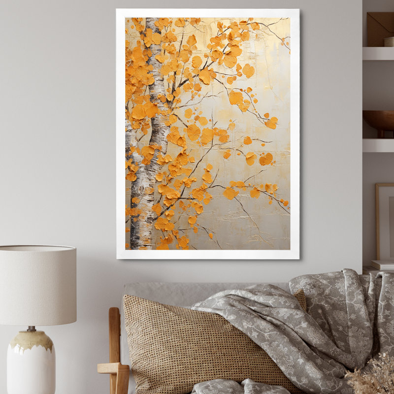 «Yellow American Basswood Forest II», art mural arbre, H 32 po x l 16 po x P 1 po, Cadre simple blanc