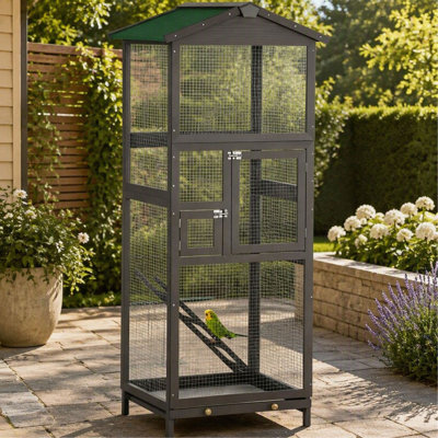 Indoor/Outdoor Wooden Bird Cage – 2-Door Design with Pull-Out Tray for Easy Cleaning