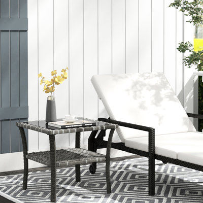 Table basse d'extérieur avec rangement, plateau en verre trempé, table d'appoint, gris, construction carrée en aluminium gris, verre, 2 cadres