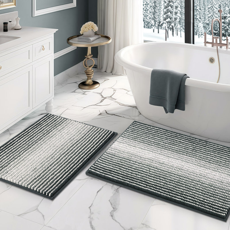 Gradient Striped Shaggy Chenille Absorbent Non-Slip Bath Mat, Blue Grey, 20" x 32" Plus 16" x 24"