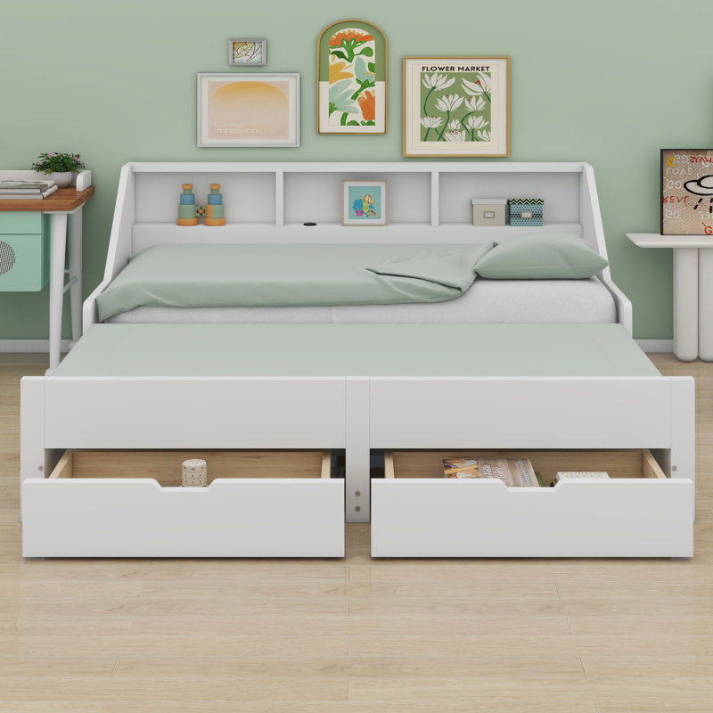 Daybed Frame With Storage Bookcases And Two Drawers,Charging Design, White