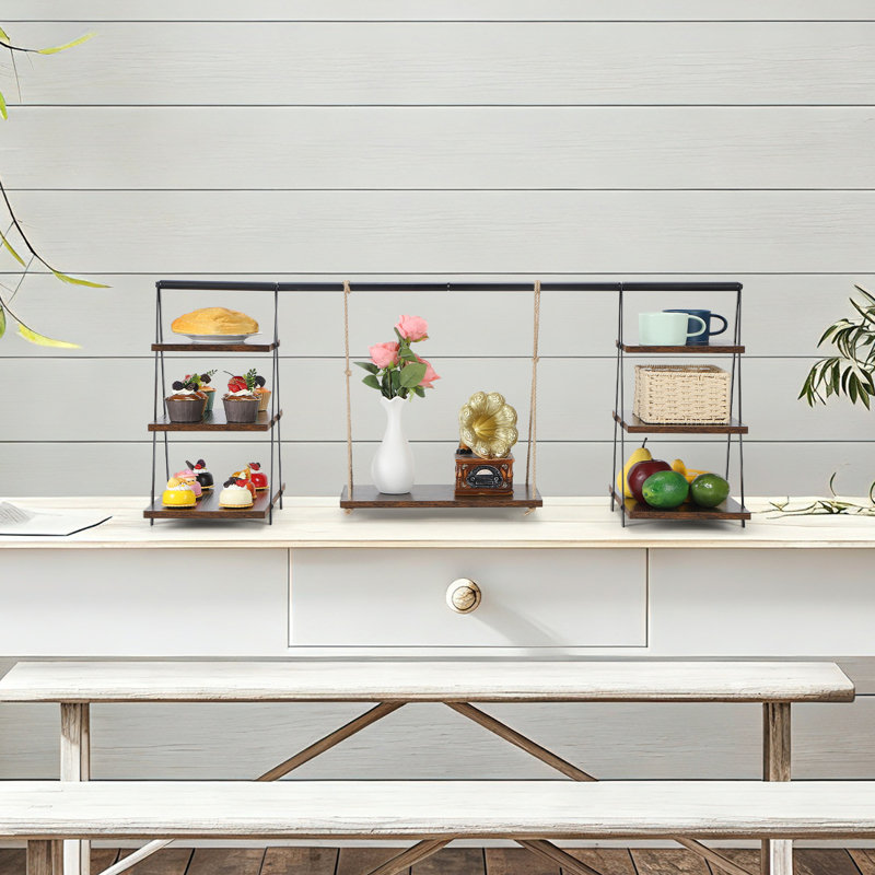 Présentoir à petits gâteaux et présentoir à dessert à 3 niveaux avec tablette suspendue, cadre en bois rustique et en métal pour les fêtes, les mariages et les comptoirs de cuisine