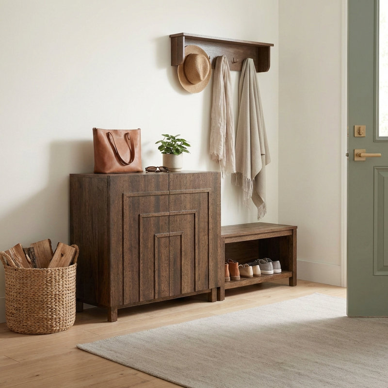 Ann 32" W 12- Pair Shoe Storage Cabinet with Stepped Panel Doors, Walnut