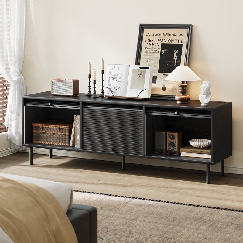 Meuble télé 69 po avec meuble de rangement Mid-Century, Noir, H 21,7 po x l 69 po x P 15,75 po
