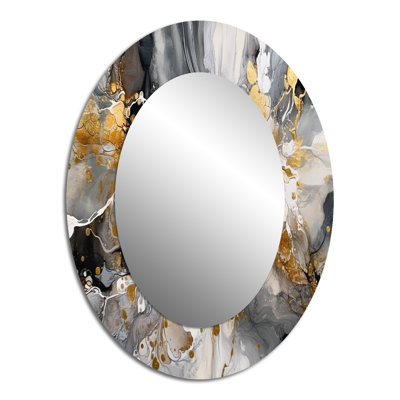 Grey Gold Delicate Abstract Brushstrokes IV - Gray Modern Oval Wall Mirror